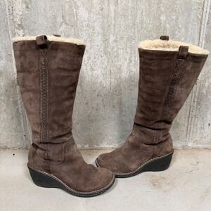UGG Australia 3342 Brown Suede Shearling Lined Wedge Knee High Boots Womens 7